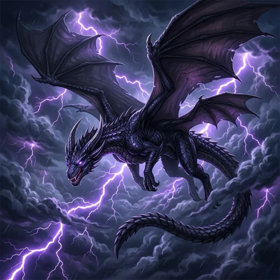 Tomstriker, a clever four-winged Lightning dragon in a storm